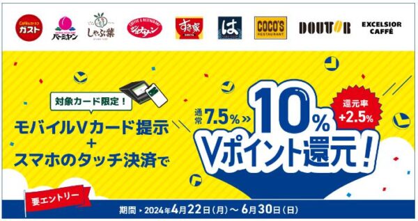 モバイルVカード提示+スマホのタッチ決済でVポイント10％還元【三井住友カード】